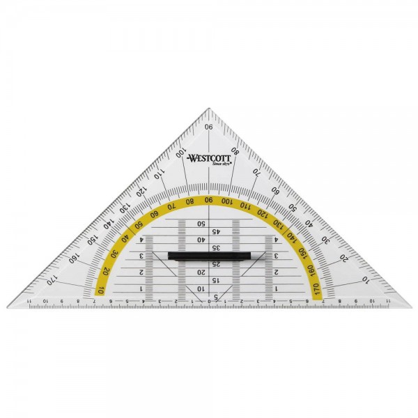 Geometriedreieck 25cm Westcott transparent mit Griff und farbig hinterlegten Winkelgraden