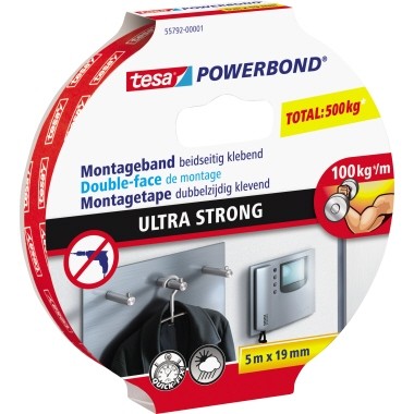 Tesa 19mmx5m Montageklebeband Powerbond Ultra Strong, beidseitig klebend, weiß