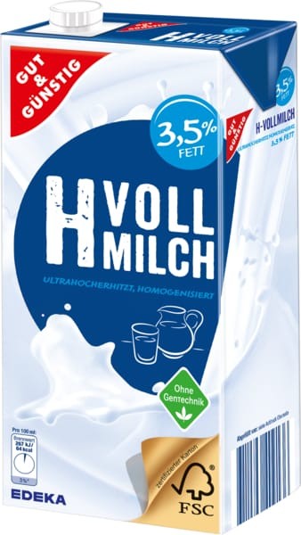 H-Milch Fettgehalt 3,5% 1 Liter mit Laktose 12 St./Pack