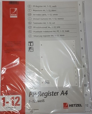 Register A4 1-12 Plastik PP12Bl. weiss reißfeste PP-Folie ausgestanzten bedruckten Taben