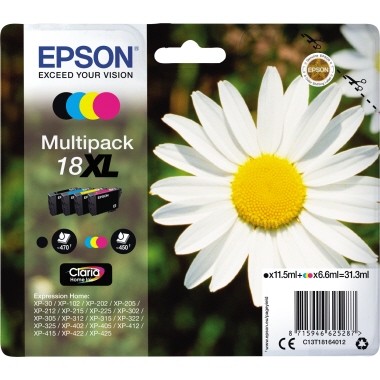Epson Tintenpatrone 18XL Multipack 4 St./Pack Inhalt 1x11,5ml schwarz je 1x 6,6ml c,m,y