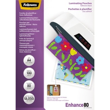 Laminierfolie A4 80mic Fellowes ENHANCE 5302202 222x310mm (B x H),selbstklebend , 100 St./Pack