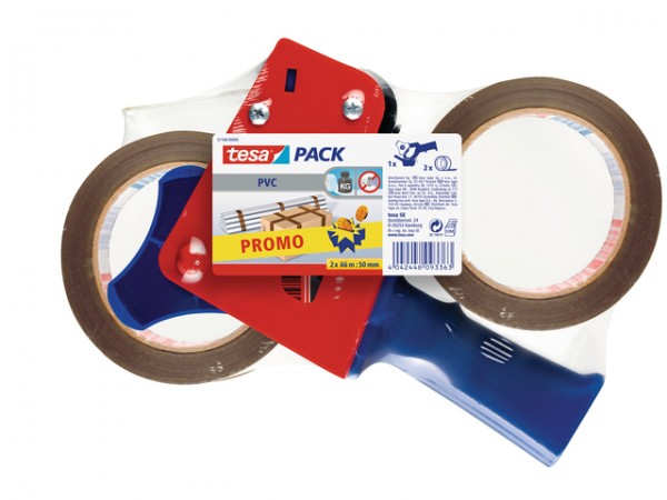 Packbandabroller f. 66mx50mm Tesa Sparpack inkl. Abroller, 2 Rl. 66mx50mm tesapack PVC braun