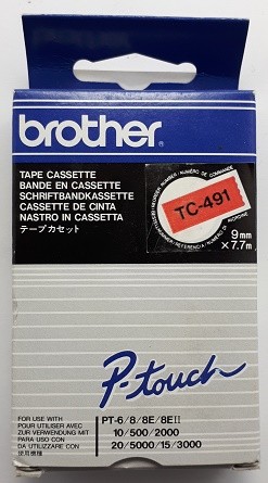 P-touch Kassette TC-491 9mm schwarz/rot f. P-touch 2000/3000/5000/500/ii