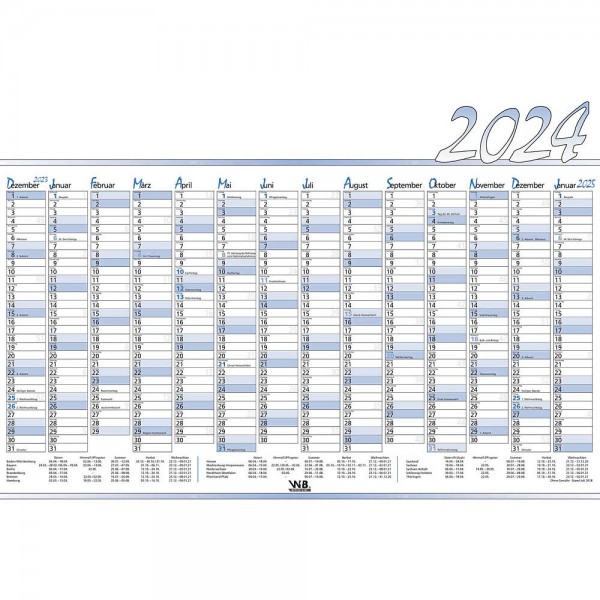 Jahreswandplaner Standard 2024 blau/weiss 3 St./Pa 100x70cm ( BxH) blau/weiß , 14 Monate