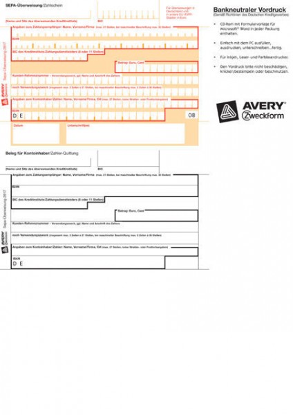 ÜBERWEISUNG SEPA A4 PC DRUCKERFORMULAR F.MICROSOFT WORD / 100 BLATT/PACK