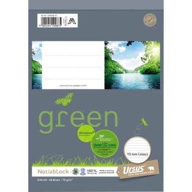 Notizblock A5 Ursus Green 70 g/m² 48 Bl. liniert premiumweiß , 100 % Recyclingpapier