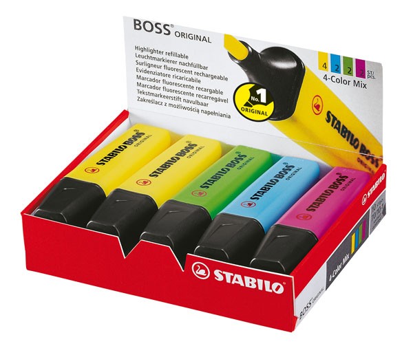 Textmarker STABILO BOSS ORIGINAL 10 St./Pack 4 x gelb, je 2 x grün, pink, blau