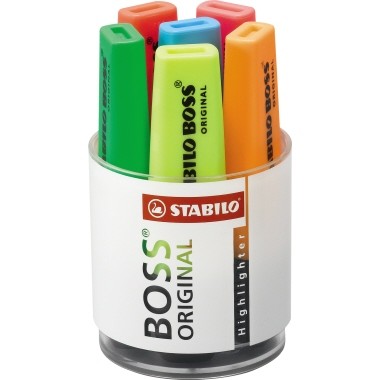 Textmarker STABILO BOSS ORIGINAL Rundbox 6 St./Pa farbig sortiert, Rundspitze 2-5mm