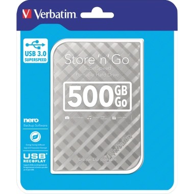 Festplatte extern Verbatim Store &#039;n&#039; Go USB 3.0 Speicherkapazität: 500 Gbyte , silber