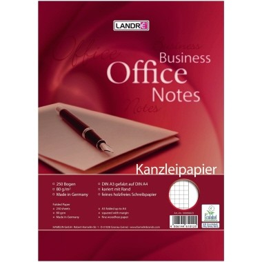 Kanzleipapier kariert A3/A4 80gm² weiß 250 Bl./Pa mit Rand, Lin 26, Landre Business Office Notes