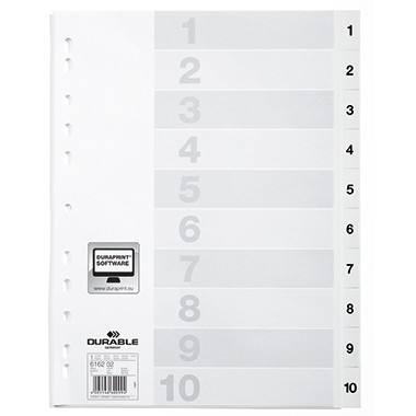 Register A4 1-10 Plastik PP 10 Blatt weiß Maße: 21,5/23 x 29,7 cm (B x H)
