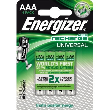 Batterie Akku Micro AAA Energizer Recharge 500mAh Universal, 1,2V,Nickel-Metallhydrid,4 St./Pack