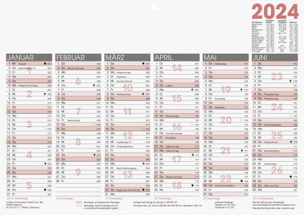 Kalender A4 quer (Blattkalender) 2024 1 Seite=6 Monate,Arbeitstagekalender