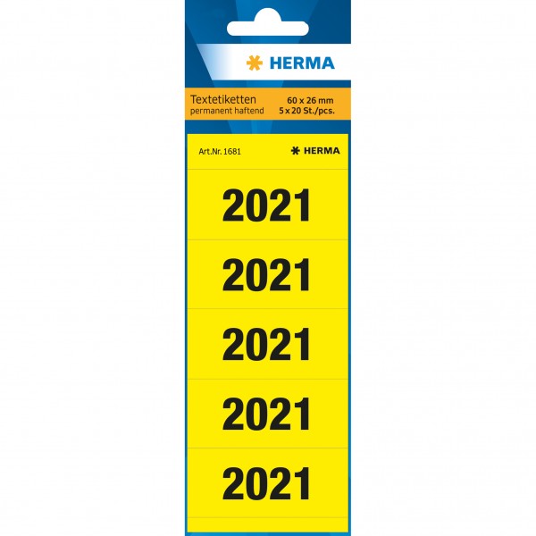 Rüschi &quot;2021&quot; gelb Herma 100 St./Pack 60x26mm, Jahreszahlen, selbstklebend