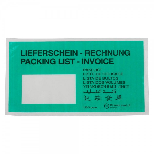 Dokumententaschen DIN Lang Pergamin Papier grün Aufdruck Lieferschein/Rechnung, 250 St.Pack,Wihedü