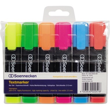 Textmarker Soennecken sortiert 6 St./Pack gelb, rot, blau, grün, orange, rosa