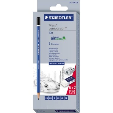 Bleistiftset Staedtler Mars Lumograph 6 St./Pack. 2H,HB,B,2B,4B,6B inkl.Spitzer, Radierer blau