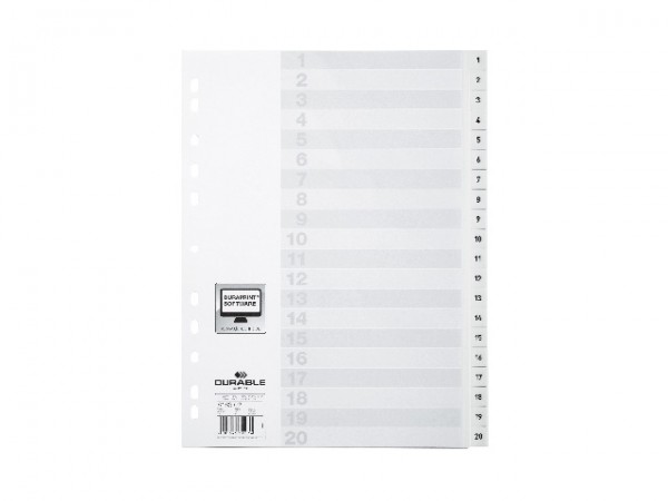 Register A4 1-20 Plastik PP 20-teilig weiß 215/230 x 297 mm ,Universallochung, Durable