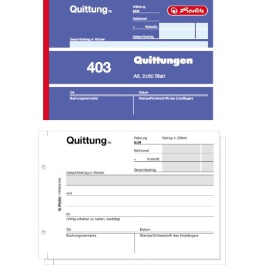 Quittungsblock A6 quer Herlitz 304 2x 50 Blatt Blaupapier, MwSt. separat ausweisbar