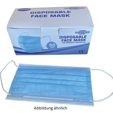 Mundschutz 3-lagig blau mit Nasenbügel Universalgröße , 50 St./Pack