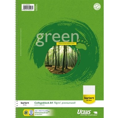 Collegeblock A4 kariert Ursus Green 70 g/m² 80BL chlorfrei gebleicht, 100 % Recyclingpapier