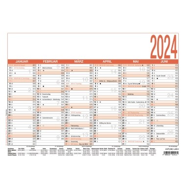 Tafelkalender A4 29,7x21cm 6 Monate/1 Seite 2024 Arbeitstagezählung, Druckfarbe: schwarz/rot