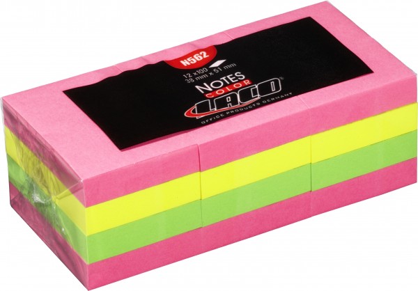 Haftnotiz 38x51mm Laco neon color sortiert je 3xgrün,gelb,6xpink, 100BL/12 St./Pack