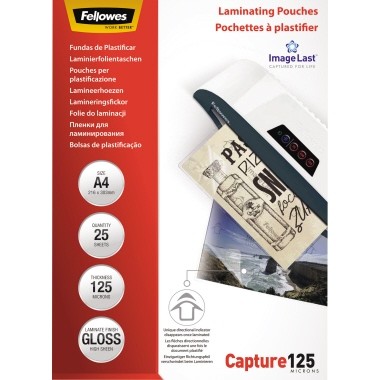 Laminierfolie A4 125mic Fellowes ImageLast Capture 210x297mm (BxH), transparent glänzend,100 St./Pa